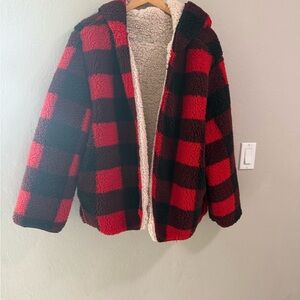 Love Tree Reversible Sherpa Hoodie Jacket Plaid/Beige Cozy Zip Front Size L